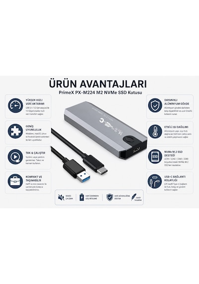 Primex Px-m224 M2 Nvme Ssd Kutusu, Typec-usb3.1/3.2 Nvme Ssd Kutusu, Harici Usb-c Pcıe Nvme M.2 Ssd Hdd Kutusu, Alüminyum Harici Ssd Kutu