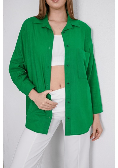 Paw Garage Kadın London Keten Tek Cepli Oversize Gömlek, Premium Kalite Keten Gömlek Yeşil