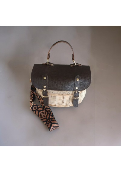 Handanrattan Dantel Detaylı Özel Tasarım Rattan Omuz Çantası - Kahverengi Deri Kapaklı Vintage Model Kahve