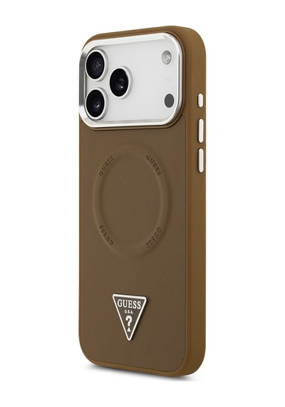 Apple Uyumlu iPhone 17 Pro Kılıf Guess Lisanslı M-safeli Pu Deri Metal Kamera Çerçeve Üçgen Logo Kapak Kahverengi Kahverengi