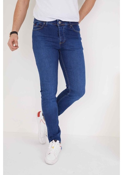Erkek Koyu Mavi Düz Slim Fit Likralı Düz Paça Kot Pantolon Koyu Mavi