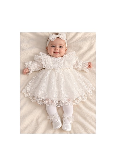 Pugi Baby Kız Bebek Abiye Mevlüt Elbisesi 4021 Beyaz Beyaz
