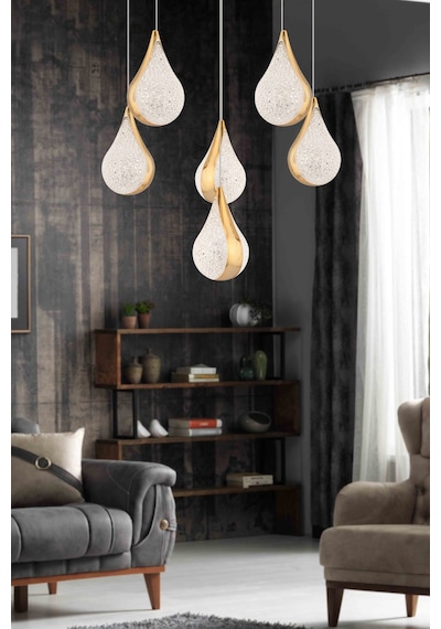 Biana 6'lı Yuvarlak Gold Damla Başlıklı Modern Salon Led Avize Altın