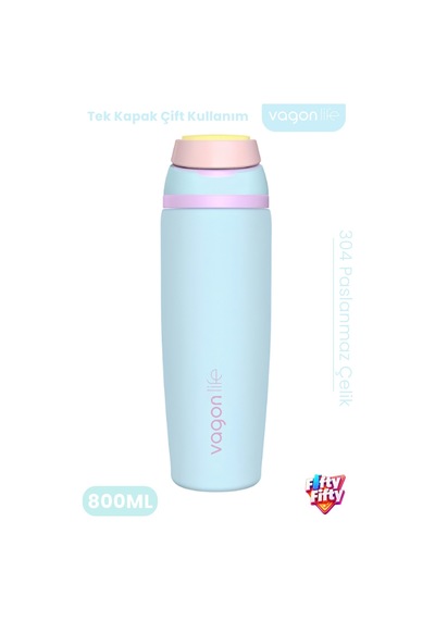 800 Ml Tek Kapak Çift Kullanım Pipetli Rahat İçim Kulplu Sus304 Paslanmaz Çelik Termos -1107-800ml Turkuaz