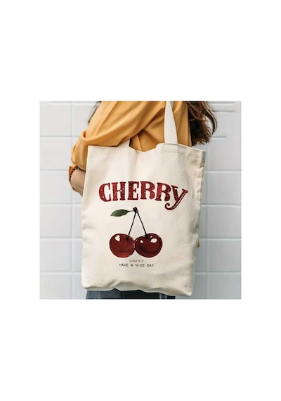 Cherry Baskılı Özel Tasarım 35x40 Cm Ham Bez Çanta %100 Pamuk