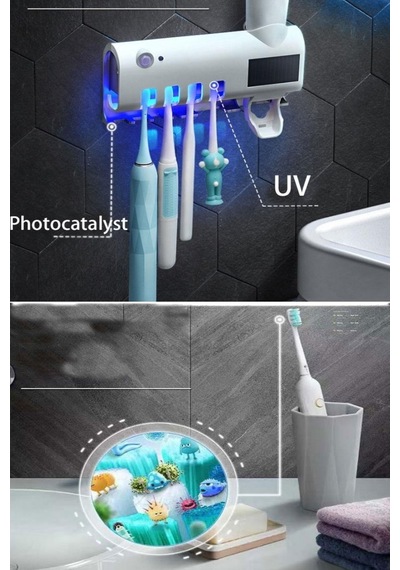 Diş Fırçası Tutacağı Ve Uv Sterilizatörü Diş Fırçası Düzenleyeci Otomatik Diş Macunu Sıkıcı Beyaz