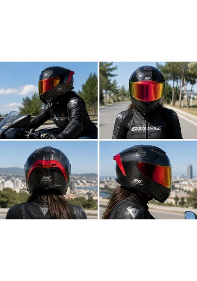 X340 Novax Red Carbon Kapalı Model Kask Kırmızı Camlı+güneş Vizörlü Parlak Siyah Carbon-kırmızı