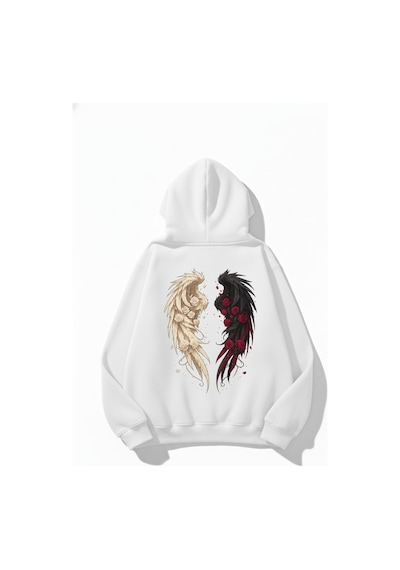 Uyguntarz Unisex Yumuşak Dokulu Güllü Kanat Baskılı Tasarım Oversize 3 İplik Hoodie Sweatshirt beyaz