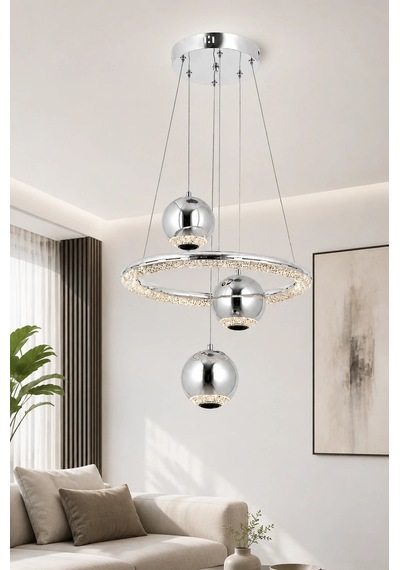 Modern Premium Krom Küreli 3 Renkli Ledli Sarkıt Avizesi Salon Mutfak Çocuk Odası Şık Modelleri 84w Beyaz