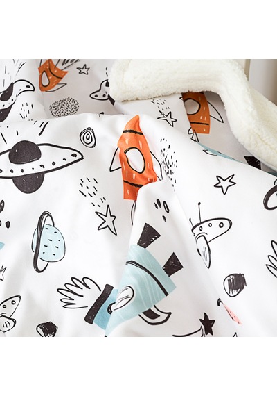 LTD9102 Küçük Astronot Uzay Temalı Kuzu Tüyü Yumuşak Bebek Battaniyesi 80 x 100 CM Ekru