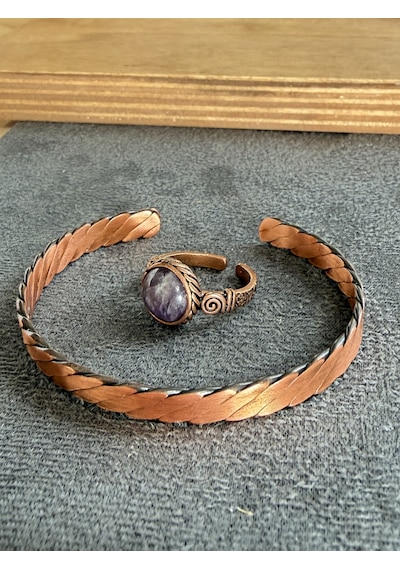 El İşi Bakır Bileklik Ve Doğal Taşlı Yüzük Kombini, Ayarlanabilir Ölçü Lacivert - Beyaz 56950855
