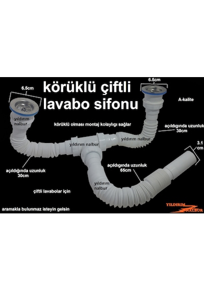 Çiftli Lavabo Sifonu Körüklü Sifon İki Kafalı Lavabo Borusu Pasla