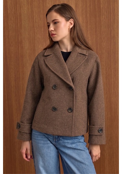 Olcay Ceket Yaka Oversize Kısa Kaban Kahve 3204 Kahverengi