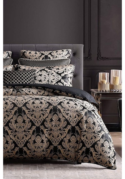 İqon Lastikli Çarşaflı Nevresim Takımı Çift Kişilik Damask Bej Siyah