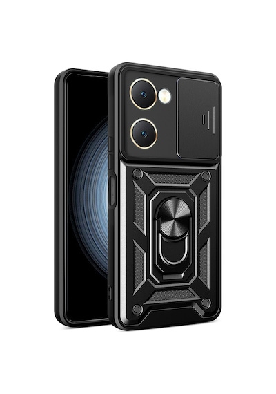 Ecruz Vivo Y18 Kılıf Magnetik Standlı Kamera Korumalı Zore Sürgülü Vega Kapak - Siyah