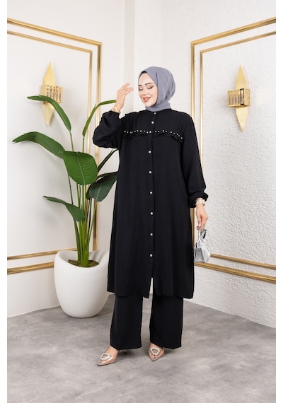 Nevayla Moda Ayrobin Kumaş İnci Detaylı Takım / T112 - Siyah Siyah