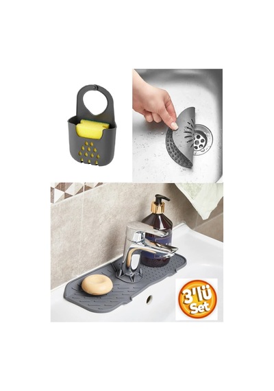 Antrasit Gri Su Tutucu Musluk Matı + Lavabo Süzgeci + Askılı Bulaşık Süngeri Düzenleyici 3 Lü Set Si Diğer