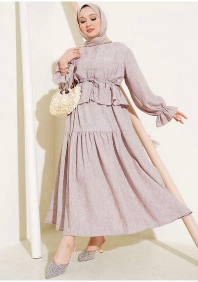 Lovie Moda Kadın Bel Büzgülü Takım Bej