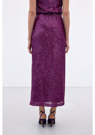 Sateen Karolin Midi Etek - Mürdüm-136654 Mürdüm