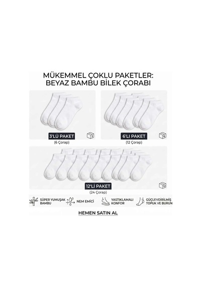 DS Wak Kadın Bambu Patik Çorap 12'li Nefes Alan Nem Emici Yumuşak, Siyah Beyaz Gri