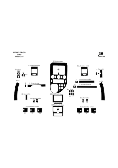 Mercedes Vito Caravan Torpido Kaplama 1999-2004 39 Parça Piano Black