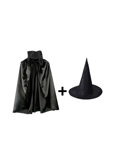 Siyah Yakalı Pelerin Ve Siyah Cadı Şapkası Seti Çocuk Boy Yetişkin