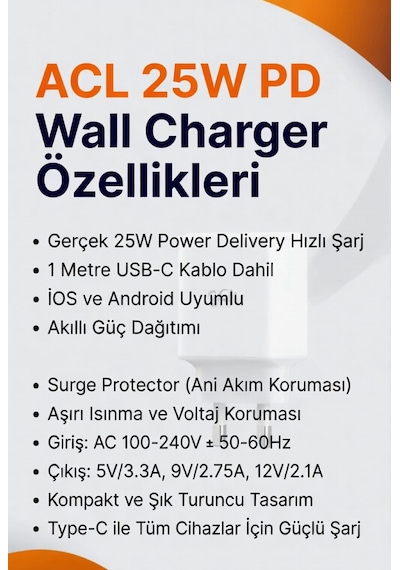 Kırmızı Acl Hızlı Şarj Aleti Pd25w 1m Kablo Type-c 25w