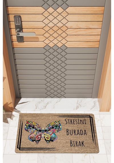 Rugmood Modern Dijtal Baskı Renkli Kelebekli Stres Yasak Kapı Önü Paspası Çok Renkli