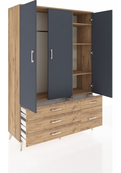 Hyperion Dolap 5 Raflı 5 Çekmeceli Tek Askılı 132x44x195 Çam-... Çam