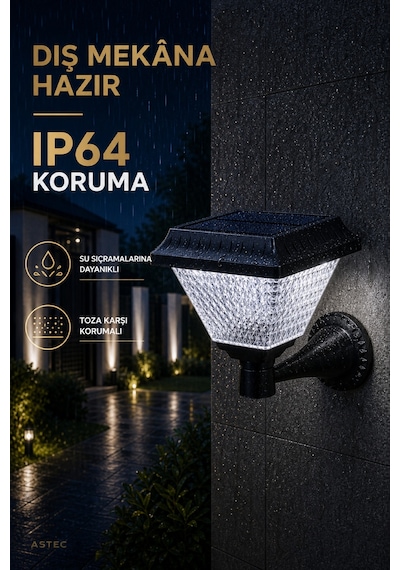 Astec Kristal Solar Led Duvar Aplik 30w 6400k Beyaz Işık Ip64 Dış Mekân Bahçe Duvar Aydınlatma Prizmatik