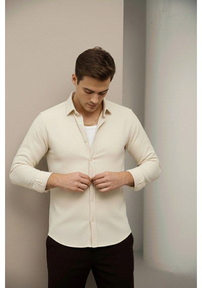 Bürke Keten Dokulu Krem/Bej Yarım Oversize Yazlık Erkek Gömlek