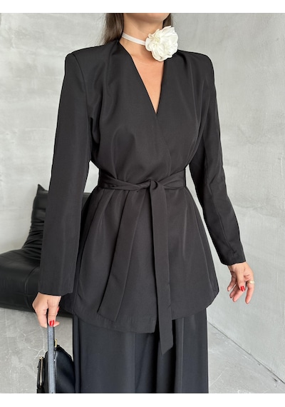 Siyah Elegant Kuşaklı Ceket Siyah