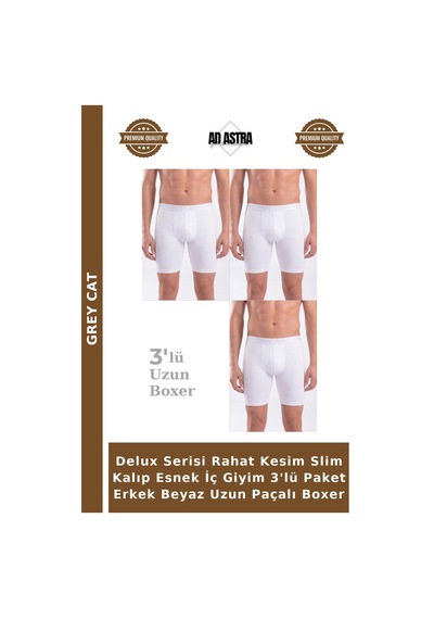 Grey Cat Delux Serisi Rahat Kesim Slim Kalıp Esnek İç Giyim 3'lü Paket Erkek Beyaz Uzun Paçalı Boxer