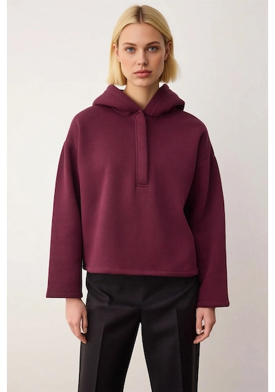 Benerly Kadın Kapüşonlu Düşük Kol Oversize Örme Sweatshirt Fonksiyonel Da Mürdüm