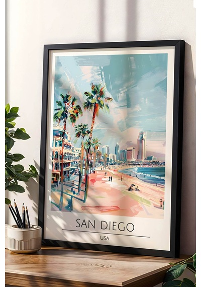Abd San Diego Temalı Çerçeveli Tablo Travel Serisi Modern İllüstrasyon Sahil Duvar Dekoru Siyah