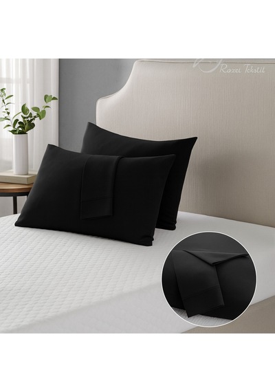 Siyah Pamuk Kumaş Kapaklı Yastık Kılıfı 2 Adet 50 X 70 Cm