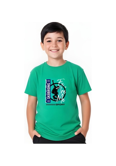 Panios Kids Sk Sport Baskılı Erkek Çocuk Kısa Kollu Yuvarlak Yaka T-shirt Yeşil