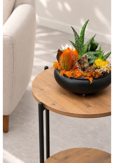 Sehpol Yuvarlak Tablalı İki Raflı Sehpa Q42x60 Cm Antrasit - Atlantik Çam