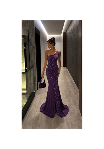 Genel Markalar Kadın Yeni Sezon Tek Omuz Taş Detaylı Abiye Elbise Mor - 925383516 Mor