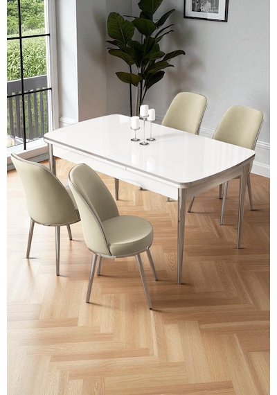 Canisa Nira Serisi 70x114 Mdf Açılabilir Beyaz Mutfak Masa Takımı 4 Krem Sandalye Krom Detay Beyaz Masa Krem Sandalye Ayaklar Krom Canisa Nira Serisi 70x114 Mdf Açılabilir Beyaz Mutfak Masa Takımı 4 Krem Sandalye Krom Detay Beyaz Masa Krem Sandalye Ayaklar Krom