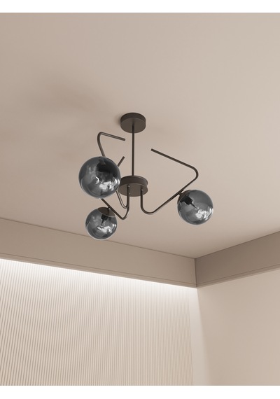 Lunor Siyah Metal Füme Cam Küre Başlıklı Modern 3'lü Avize