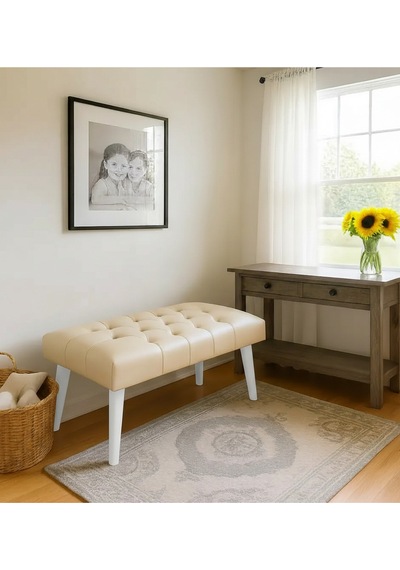 Waterybrook Bench Bank Puf - Suni Deri - Beyaz Ahşap Ayaklı - Retro Modern Tasarım & Dekoratif Sehpa Krem