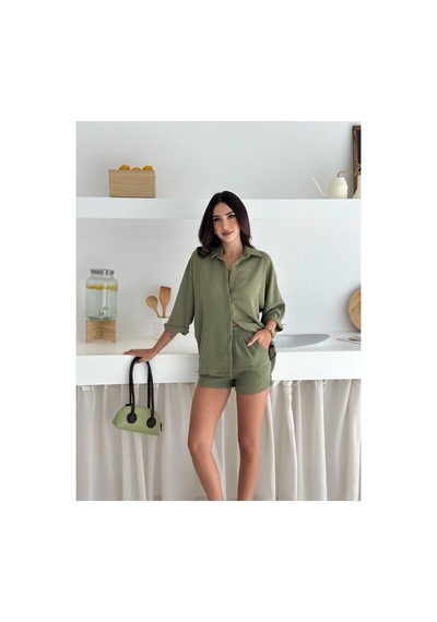 Wellway Keten Kumaş Oversize Gömlek & Şort İkili Takım-haki Haki