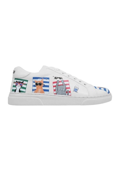 Kadın Vegan Deri Beyaz Sneakers - Cats On The Beach Tasarım Çok Renkli