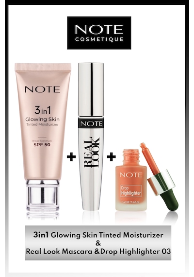 Note Cosmetics 3 in 1 Glowing Skin + Drop Highlighter 03 + Real Look Maskara
