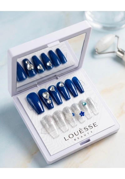 Louésse Royal Blue Glow Takma Tırnak 12 Li Lacivert Parlak Taşlı Mirror Glow Nail