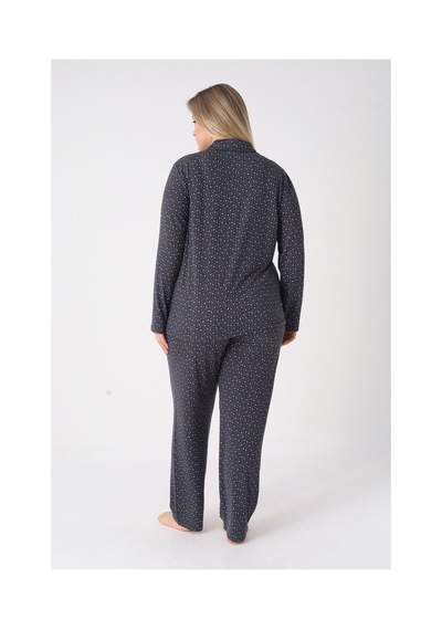 Estiva Kadın Yıldız Desenli Lacivert Önden Düğmeli Soft Battal Pijama Takımı Çok renkli