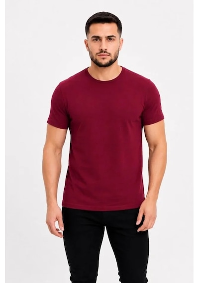 Defymoda Erkek Basic Tişört Bisiklet Yaka Kısa Kol Günlük Yazlık Slim Fit T-shirt - Bordo