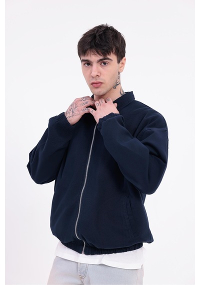 Erkek Gabardin Kumaş Fermuarlı Oversize Beli Lastikli Mevsimlik Ceket-265 Lacivert
