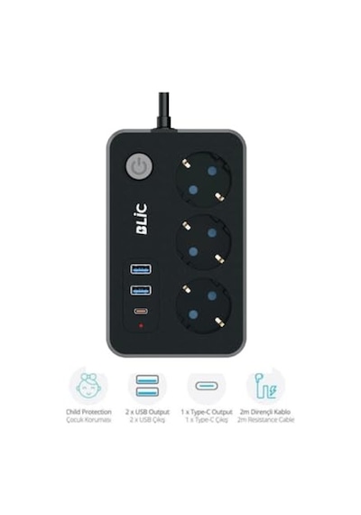 Akım Korumalı Priz, 3x Priz Soketi, 2x Usb Girişi, 1x Type-c Girişi, Tasarruflu Uzatma Kablosu, Çocuk Korumalı Ada 0